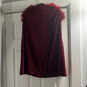 Red fur strapless dress